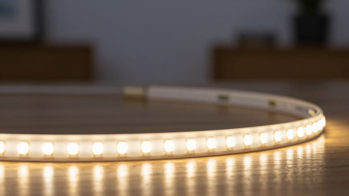 Тепле світло LED-стрічки з опаловим розсіювачем у вечірній кімнаті